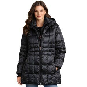 Lands' End Goose Down Satin Puffer Coat Black Double Zip Hooded Size L